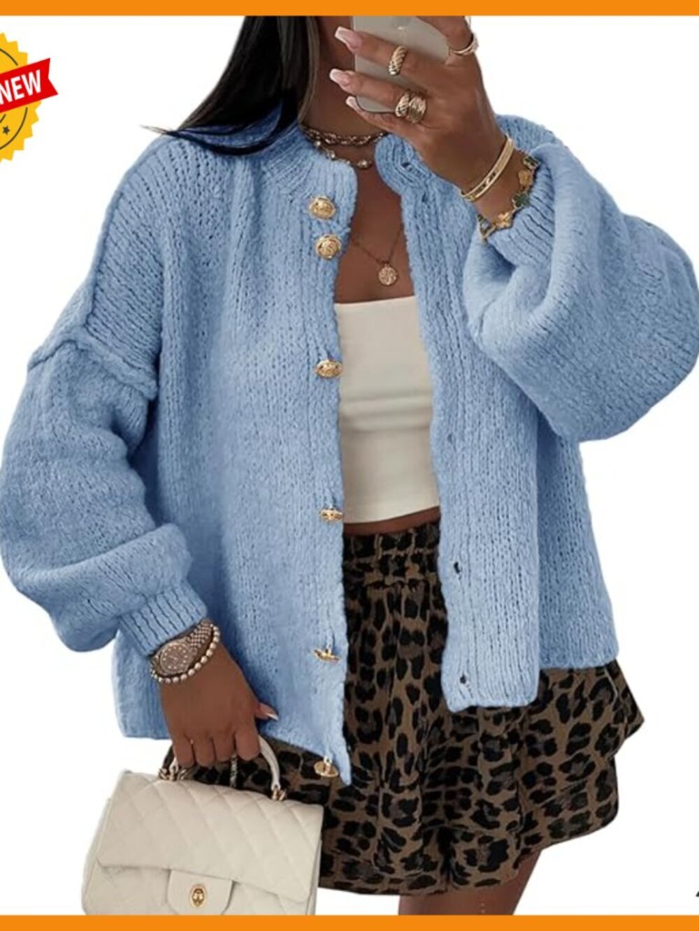 Oversized Chunky Cardigan Sweater Lantern Sleeve Button Up Cozy